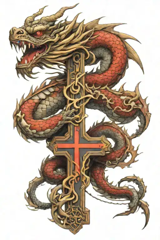 asian dragon wrapped around a christian cross tattoo design idea