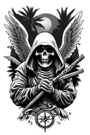 warrior, strength, grim reaper, judo gi, compass, palm trees, family, love. peace, universe, angel tattoo design idea