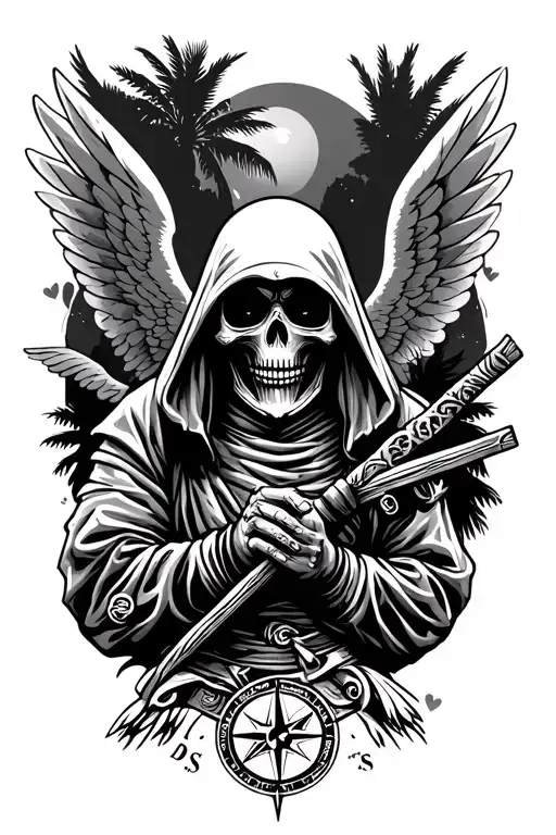 warrior, strength, grim reaper, judo gi, compass, palm trees, family, love. peace, universe, angel tattoo design idea