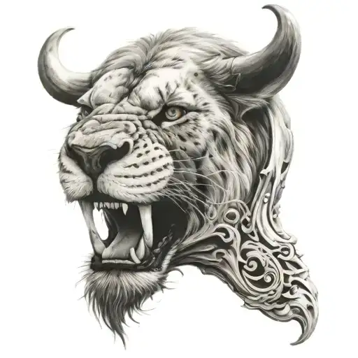 half lion face, other half bull skull tattoo design idea