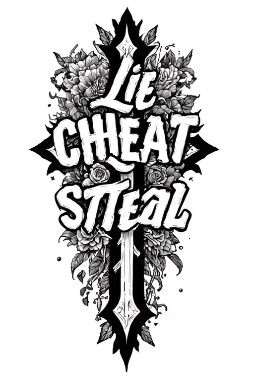 Lie cheat steal words in a cross tattoo design idea