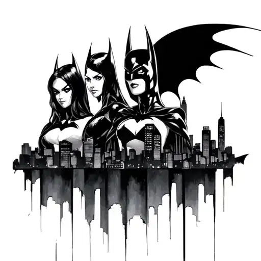 a skyline of Gotham city tattoo with Barbra Gordon, Cassandra Cain and stephanie brown batgirls tattoo design idea