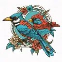 red cardinal, eastern blue bird, hummingbird, and browed turquoise mot mot tattoo design idea