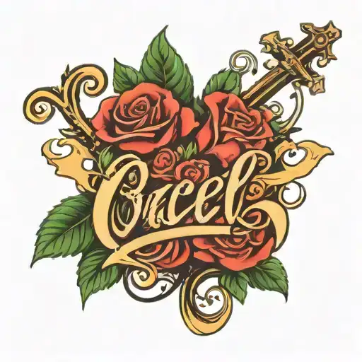 name "Ocel" in cursive with roses and cross tattoo design idea