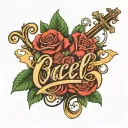 name "Ocel" in cursive with roses and cross tattoo design idea