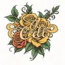 name "Ocel" in cursive with roses and cross tattoo design idea