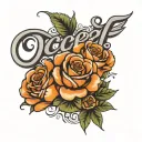 name "Ocel" in cursive with roses and cross tattoo design idea
