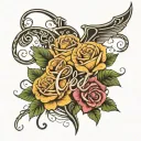 name "Ocel" in cursive with roses and cross tattoo design idea