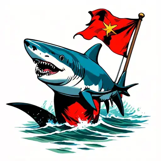 bull shark tattoo holding small red flag tattoo design idea