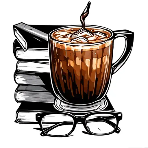 Iced Coffee and a stack of books and a pair of glasses tattoo design idea