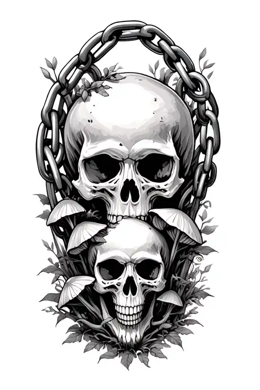 skulls chain and mushroom forest tattoo design idea