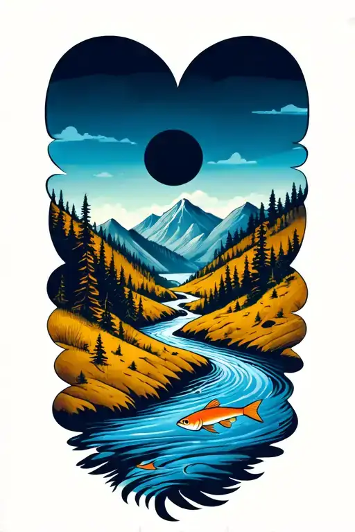 river flowing in wilderness, fish swiming downstream, mountains around tattoo design idea