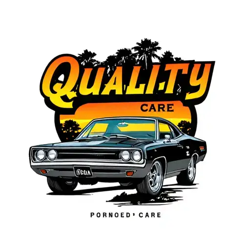the words Quality Care with '60s mopar car golf course sunset tattoo design idea