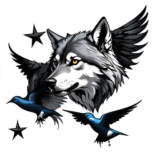 Witcher wolf + swallow + star tattoo design idea