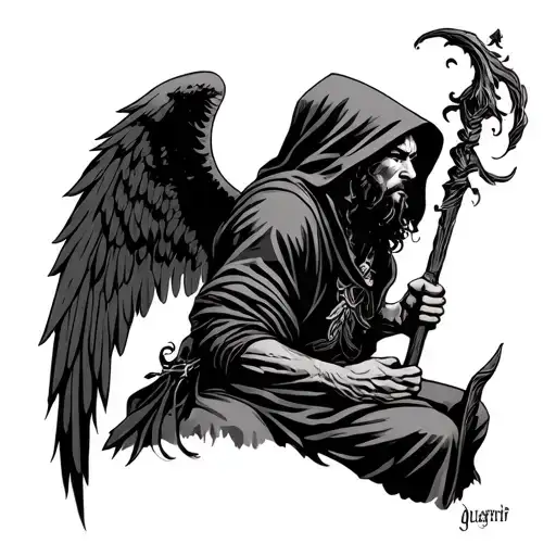 side facing tattoo featuring am ysterious hood man with lkong hair and a staff, who is basically like a guaardian angel, tattoo design idea