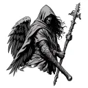 side facing tattoo featuring am ysterious hood man with lkong hair and a staff, who is basically like a guaardian angel, tattoo design idea