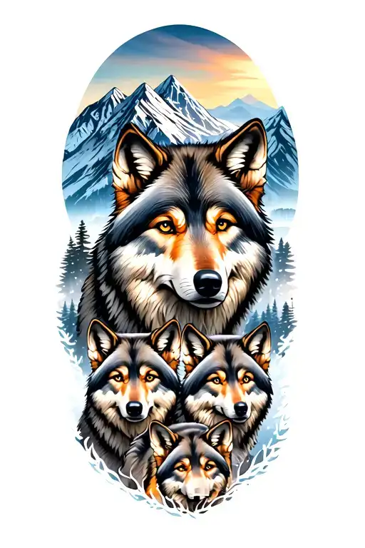 4 wolves 2 adult a male and a female up above in a mountain scene and down below  and two babies both female. half sleev tattoo design idea