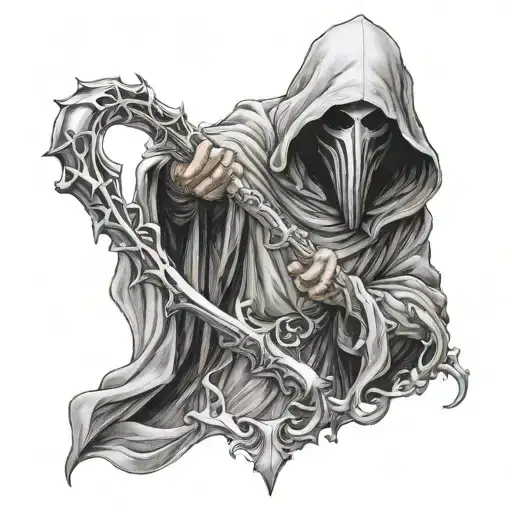 hooded faceless cloaked figure holding large water trident  tattoo design idea