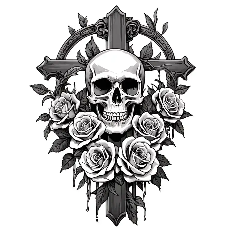 skull and roses surrounding a cross tattoo design idea
