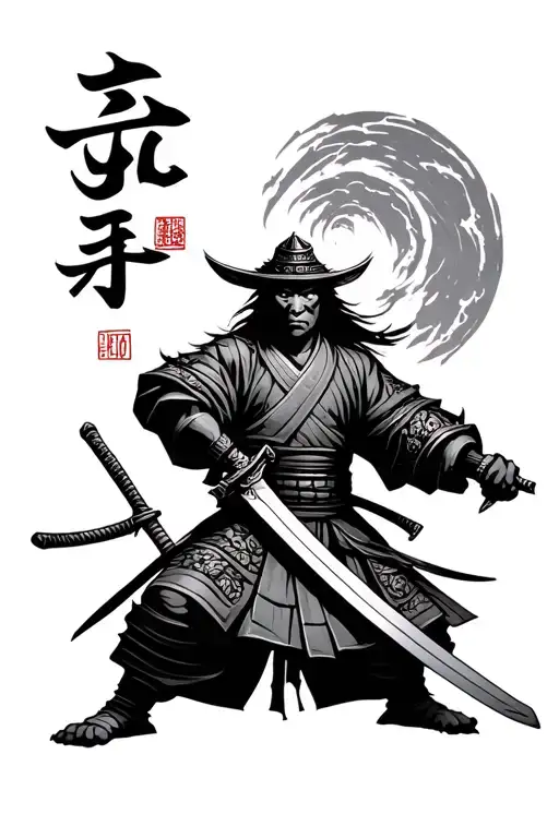samurai and sword with warrior kanji symbol tattoo design idea