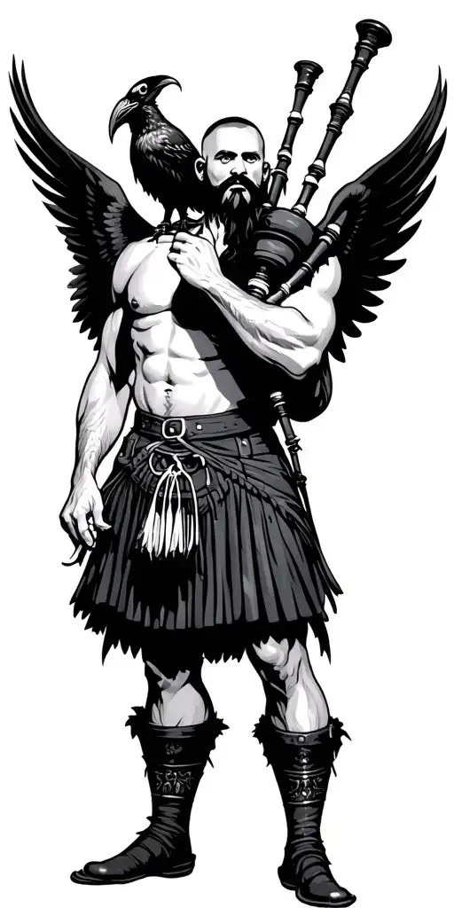 shirtless bagpiper with big black wings muscular playing the bagpipes bald with  black beard and a crow with claws  tattoo design idea