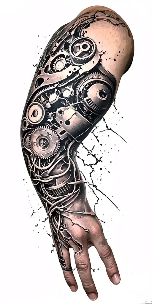 metal parts, gears, pipes, wires, torn skin effect,  realism, black and gray color scheme. On arm tattoo design idea