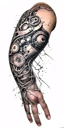 metal parts, gears, pipes, wires, torn skin effect,  realism, black and gray color scheme. On arm tattoo design idea