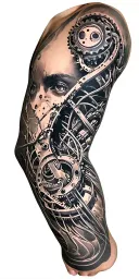 metal parts, gears, pipes, wires, torn skin effect,  realism, black and gray color scheme. On arm tattoo design idea