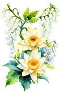 Water lily, holly, daffodil, narcissus, aster, cosmos, and a lily of the valley growing on a vine tattoo design idea