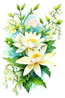 Water lily, holly, daffodil, narcissus, aster, cosmos, and a lily of the valley growing on a vine tattoo design idea