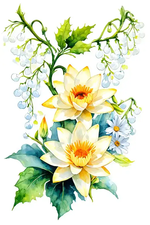 Water lily, holly, daffodil, narcissus, aster, cosmos, and a lily of the valley growing on a vine tattoo design idea