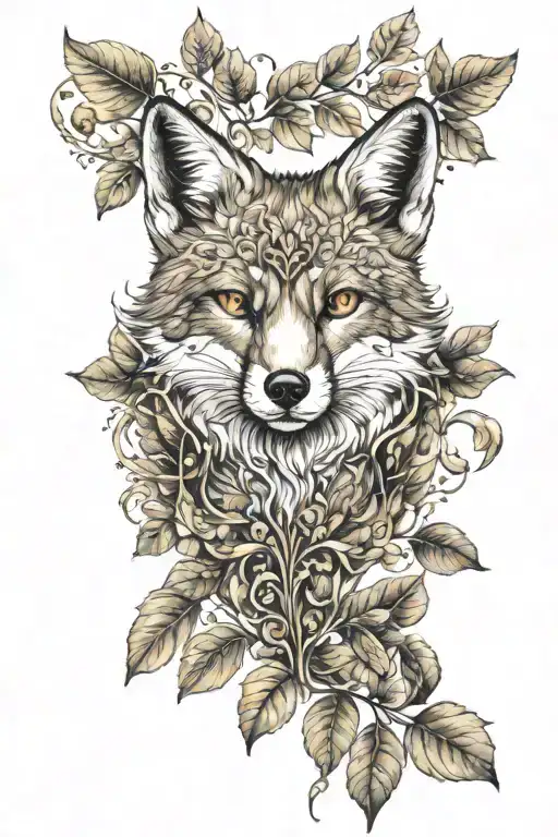 fox with gold eyes with leaves tattoo design idea