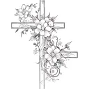 Cross in the style of trail, with sharp edges, large volume, with small curls and Japanese flowers against the background tattoo design idea