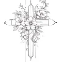Cross in the style of trail, with sharp edges, large volume, with small curls and Japanese flowers against the background tattoo design idea