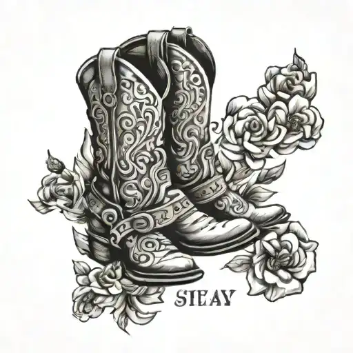 Cowboy boots with quote "in a moment of joy there is healing" tattoo design idea