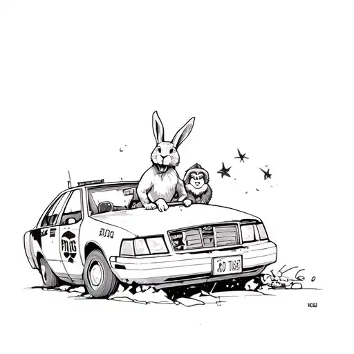 A sketch style tattoo of a rabbit driving a crashed police car with a monkey as a passenger tattoo design idea