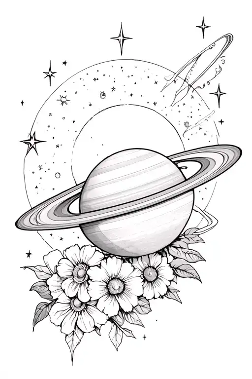 Saturn, sun, stars, flowers, sparkles, elongated without shades, 2001 1994 tattoo design idea