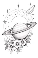 Saturn, sun, stars, flowers, sparkles, elongated without shades, 2001 1994 tattoo design idea
