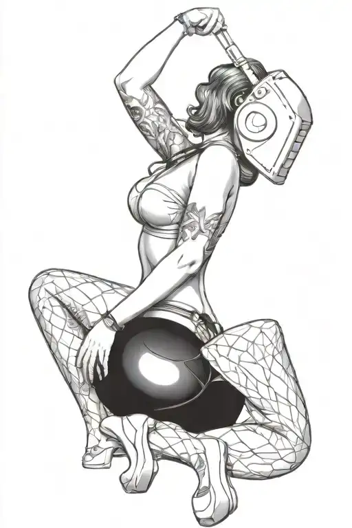 sexy pin up donning welding mask and lingerie, big, round ass,  over on her knees using torch, she's very fit.   tattoo design idea