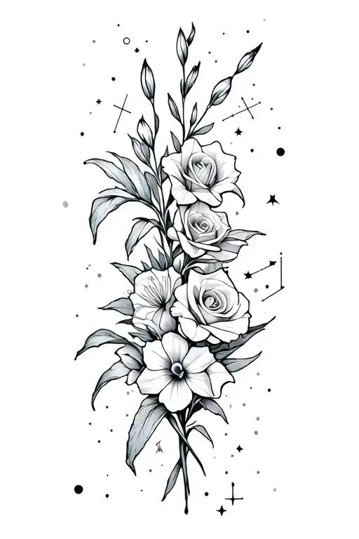 gladiolus, rose, and mirabilis Jalapa with celestial elements and Gemini and Leo constellations curling up the hip/thigh tattoo design idea
