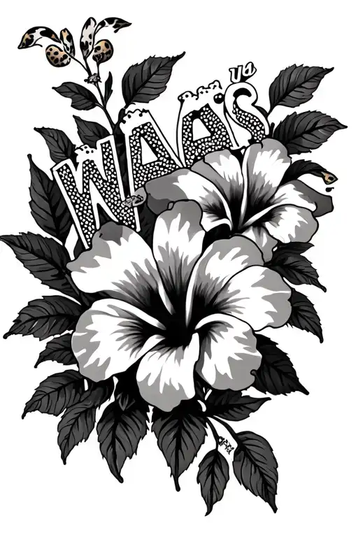 hibiscus flowers with cheetah print and letters w.a.y.s tattoo design idea