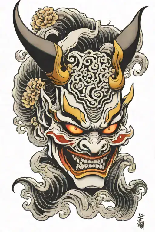 hannya mask with japanese waves tattoo design idea