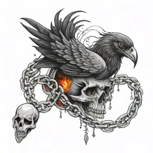 crow dove scorpion skull blood woman chains fire blood suffering happiness death life destruction planet tattoo design idea