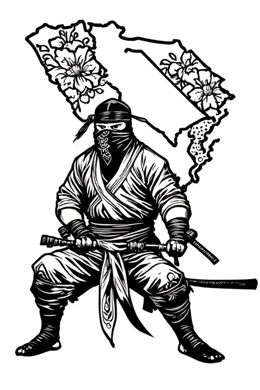 ninja with bandanna mask with state of Georgia outline tattoo design idea