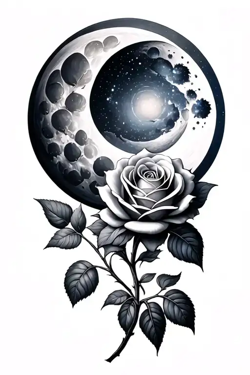 Galaxy roses wrapped round moon tattoo design idea