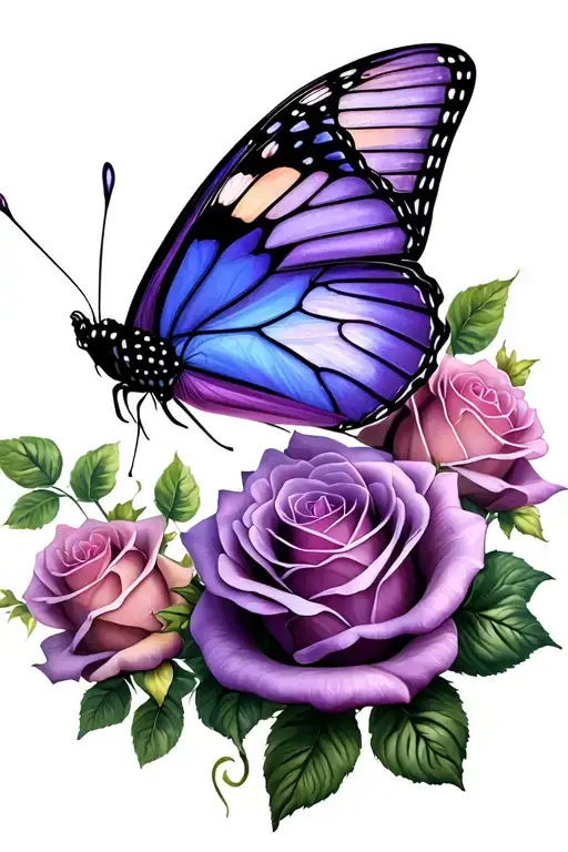 purple butterfly and roses tattoo design idea