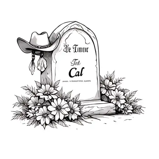 tombstone with the name Cal, with flowers near it and a cowboy hat hanging from it  tattoo design idea