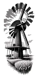 windmill surrounded by corn fields and wheat fields  tattoo design idea