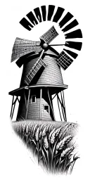 windmill surrounded by corn fields and wheat fields  tattoo design idea