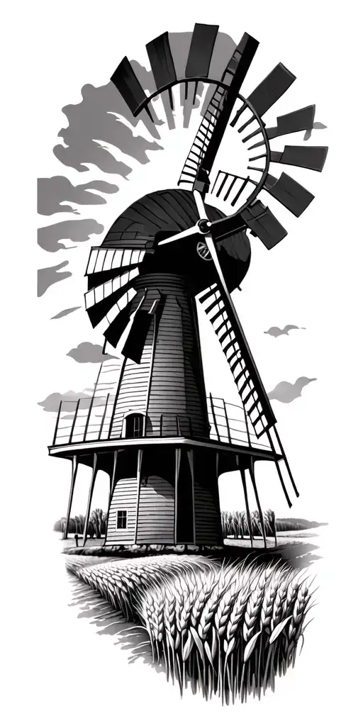 windmill surrounded by corn fields and wheat fields  tattoo design idea